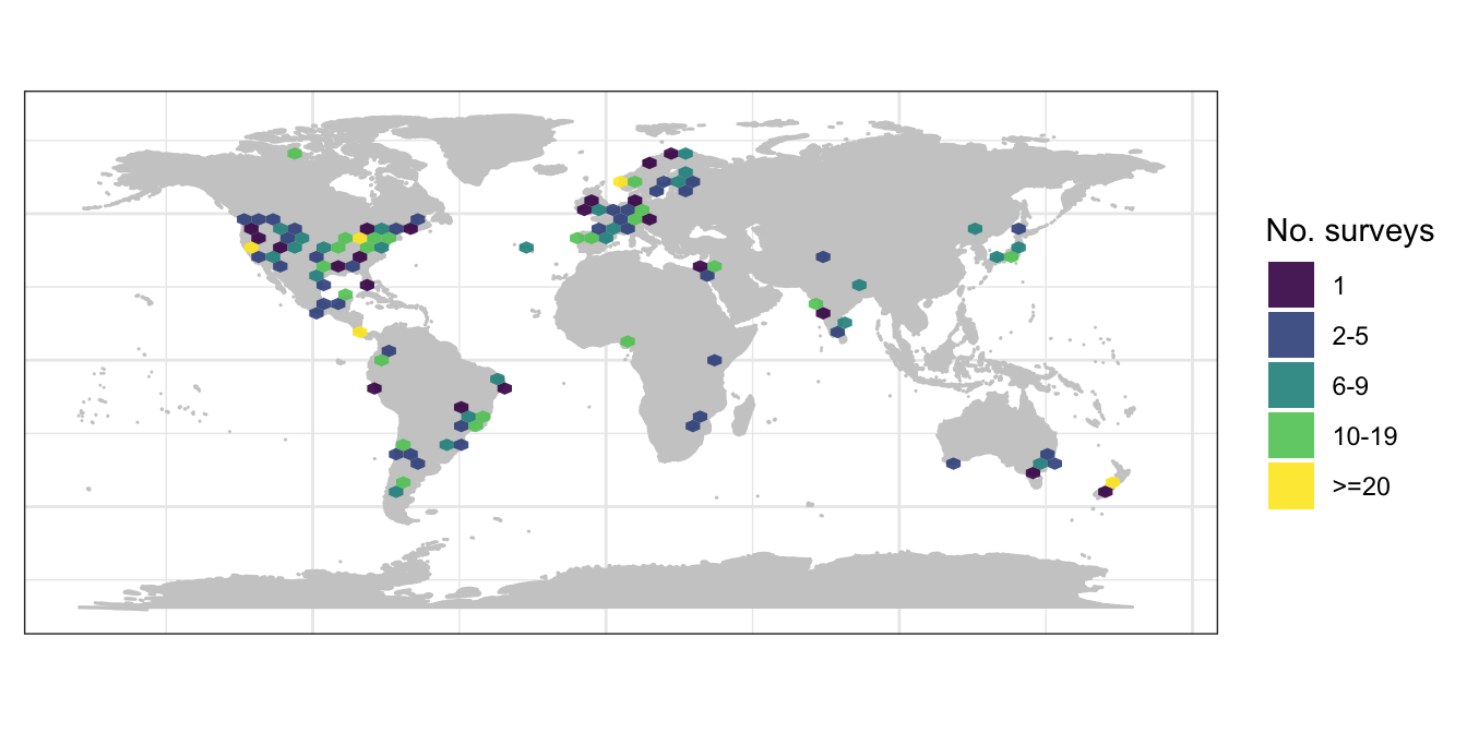 The geographic distribution of our completed surveys. Each hexagon shows the number of herbivory surveys that we have completed in that area.